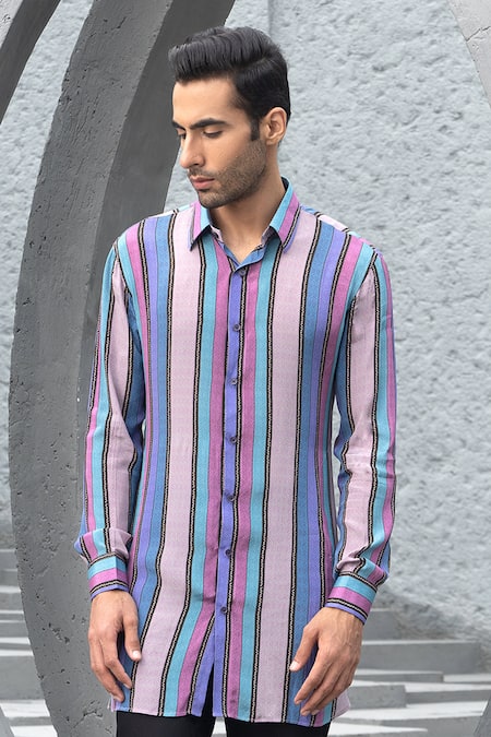 Chhavvi Aggarwal Purple Crepe, Gingham, Cotton Stripe Print Kurta Set Online at Aza Fashions Chhavvi Aggarwal_Purple Crepe, Gingham, Cotton Stripe Print Kurta Set _Online_at_Aza_Fashions