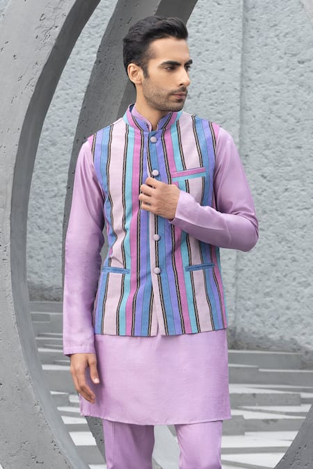 Chhavvi Aggarwal_Multi Color Chanderi, Crepe, Cotton Multicolor Stripe Bundi And Kurta Set _Online_at_Aza_Fashions