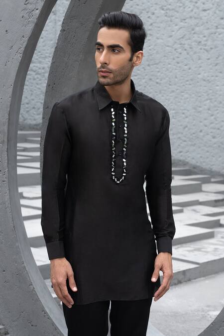 Buy_Chhavvi Aggarwal_Black Chanderi, Cotton Mirrors Placement Embroidered Pathani Kurta Set _Online_at_Aza_Fashions