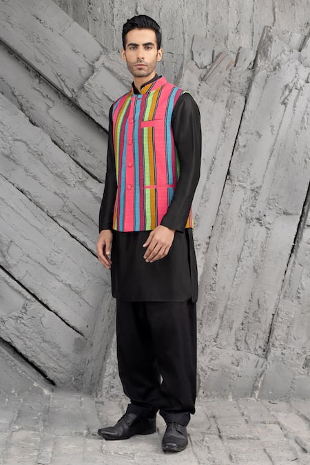Shop Chhavvi Aggarwal Multi Color Crepe Striped Bundi Jacket at Aza Fashions Shop_Chhavvi Aggarwal_Multi Color Crepe Striped Bundi Jacket _at_Aza_Fashions