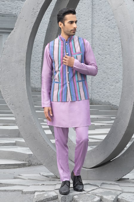 Shop Chhavvi Aggarwal Multi Color Crepe Striped Print Bundi at Aza Fashions Shop_Chhavvi Aggarwal_Multi Color Crepe Striped Print Bundi _at_Aza_Fashions