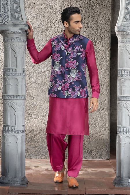Shop Chhavvi Aggarwal Blue Crepe Embroidery Floral Print Navy Bundi Jacket at Aza Fashions Shop_Chhavvi Aggarwal_Blue Crepe Embroidery Floral Print Navy Bundi Jacket _at_Aza_Fashions