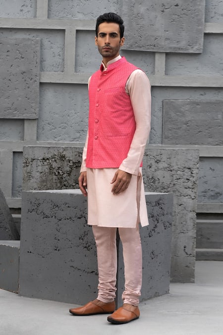 Shop_Chhavvi Aggarwal_Pink Georgette Geometric Print Raspberry Bundi _at_Aza_Fashions