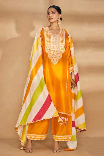 Buy_Gulabo By Abu Sandeep_Orange Chanderi Applique U Neck A-line Panelled Kurta 