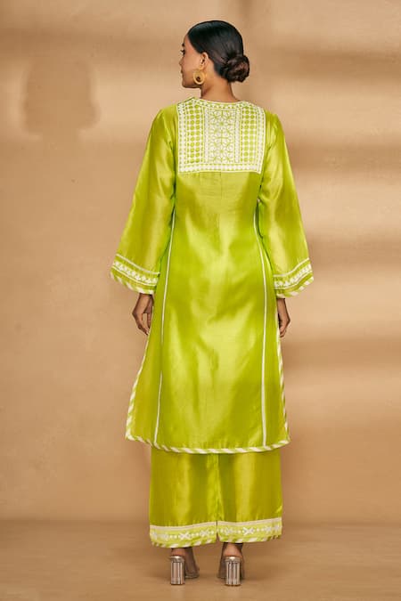 Shop_Gulabo By Abu Sandeep_Green Chanderi Applique Hem Pant_at_Aza_Fashions