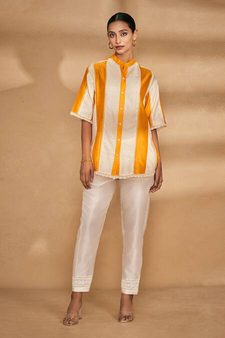 Gulabo By Abu Sandeep Orange Chanderi Striped Mandarin Collar Pattern Shirt