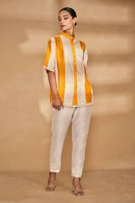 Gulabo By Abu Sandeep_Orange Chanderi Striped Mandarin Collar Pattern Shirt_Online_at_Aza_Fashions