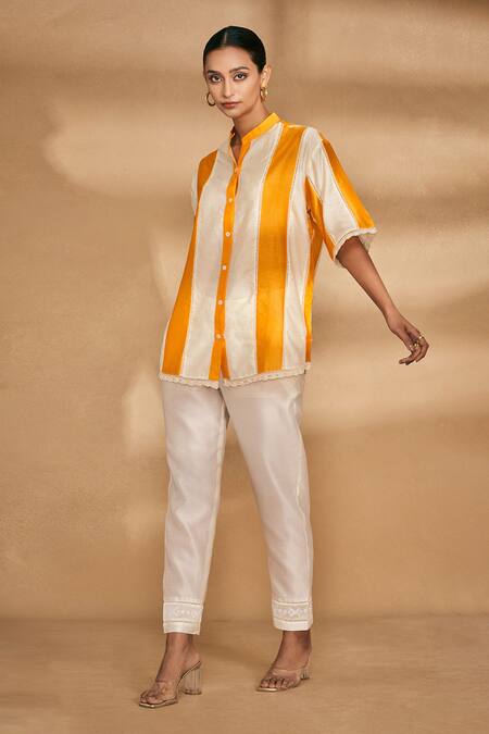 Buy_Gulabo By Abu Sandeep_Orange Chanderi Striped Mandarin Collar Pattern Shirt_Online_at_Aza_Fashions