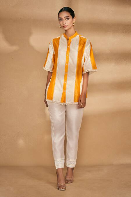 Shop_Gulabo By Abu Sandeep_Orange Chanderi Striped Mandarin Collar Pattern Shirt_Online_at_Aza_Fashions