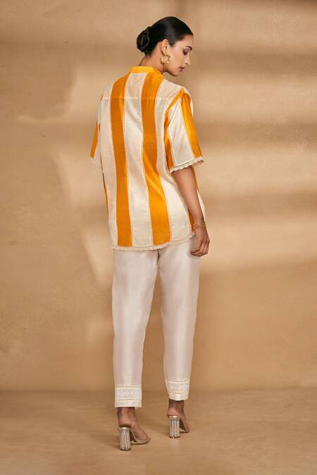 Gulabo By Abu Sandeep_Orange Chanderi Striped Mandarin Collar Pattern Shirt_at_Aza_Fashions