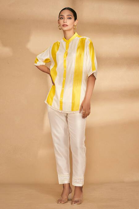 Gulabo By Abu Sandeep Yellow Chanderi Striped Mandarin Collar Pattern Shirt