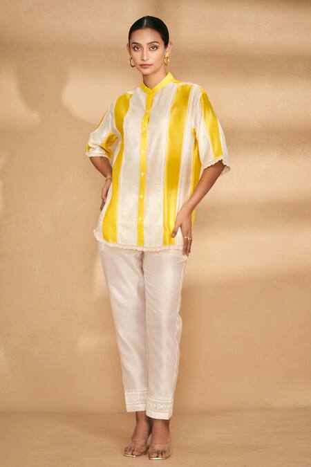 Gulabo By Abu Sandeep_Yellow Chanderi Striped Mandarin Collar Pattern Shirt_Online_at_Aza_Fashions
