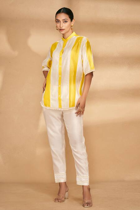 Buy_Gulabo By Abu Sandeep_Yellow Chanderi Striped Mandarin Collar Pattern Shirt_Online_at_Aza_Fashions