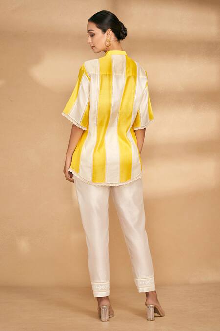 Gulabo By Abu Sandeep_Yellow Chanderi Striped Mandarin Collar Pattern Shirt_at_Aza_Fashions