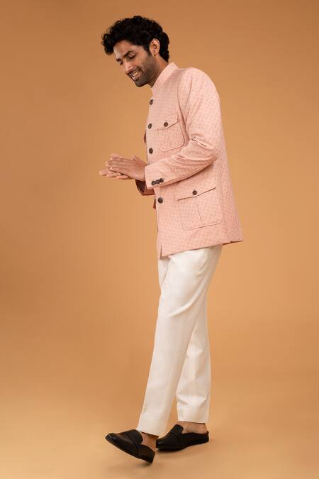 Chatenya Mittal_Peach Jacquard, Cotton, Silk Embroidery Geometric Woven Bandhgala Set _Online_at_Aza_Fashions