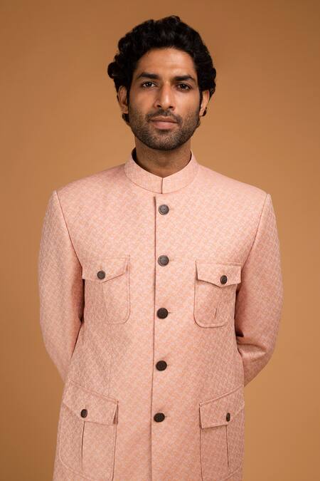 Buy_Chatenya Mittal_Peach Jacquard, Cotton, Silk Embroidery Geometric Woven Bandhgala Set _Online_at_Aza_Fashions