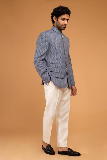 Chatenya Mittal Blue Jacquard, Cotton, Silk Geometric Woven Bandhgala Set Online at Aza Fashions Chatenya Mittal_Blue Jacquard, Cotton, Silk Geometric Woven Bandhgala Set _Online_at_Aza_Fashions