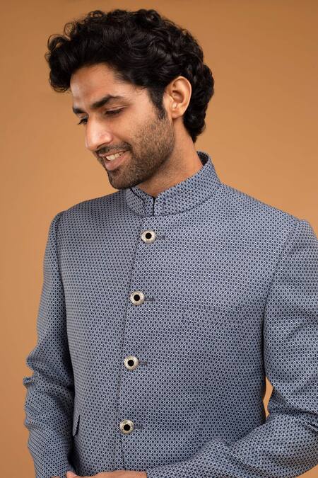 Buy Chatenya Mittal Blue Jacquard, Cotton, Silk Geometric Woven Bandhgala Set Online at Aza Fashions Buy_Chatenya Mittal_Blue Jacquard, Cotton, Silk Geometric Woven Bandhgala Set _Online_at_Aza_Fashions