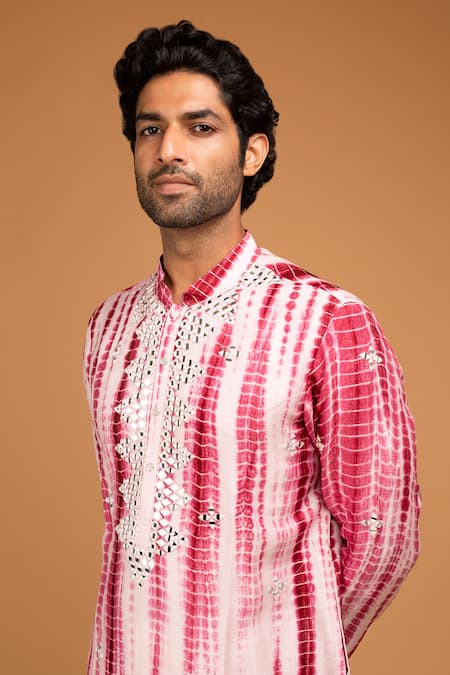Shop Chatenya Mittal Red Silk, Cotton Mirrors Embroidered Tie Dye Kurta Set Online at Aza Fashions Shop_Chatenya Mittal_Red Silk, Cotton Mirrors Embroidered Tie Dye Kurta Set _Online_at_Aza_Fashions