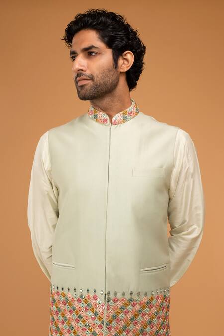 Shop Chatenya Mittal Green Cotton, Silk Mirrors Embroidered Bundi And Kurta Set Online at Aza Fashions Shop_Chatenya Mittal_Green Cotton, Silk Mirrors Embroidered Bundi And Kurta Set _Online_at_Aza_Fashions