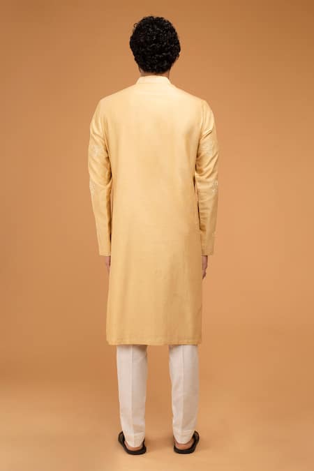 Shop_Chatenya Mittal_Gold Cotton, Silk Embroidery Dori Kurta Set _at_Aza_Fashions