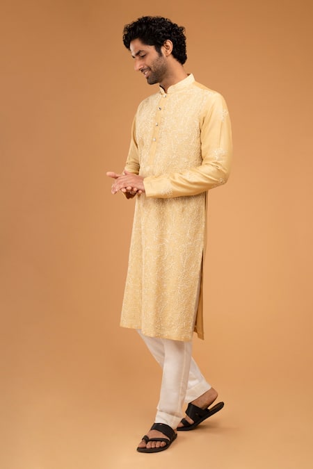 Chatenya Mittal_Gold Cotton, Silk Embroidery Dori Kurta Set _Online_at_Aza_Fashions