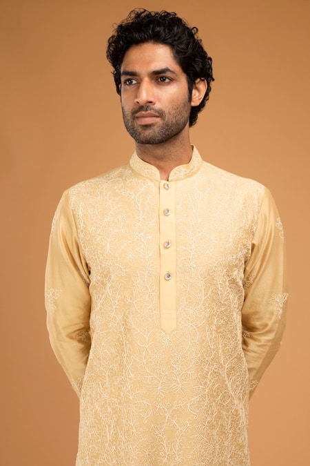 Buy_Chatenya Mittal_Gold Cotton, Silk Embroidery Dori Kurta Set _Online_at_Aza_Fashions