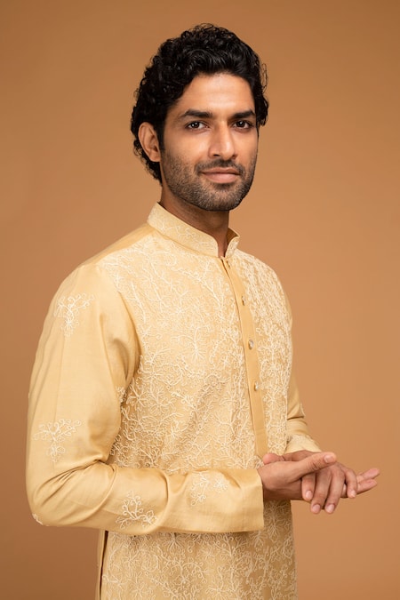 Shop_Chatenya Mittal_Gold Cotton, Silk Embroidery Dori Kurta Set _Online_at_Aza_Fashions