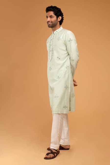 Chatenya Mittal_Green Cotton, Silk Mirrors Embroidered Kurta Set _Online_at_Aza_Fashions