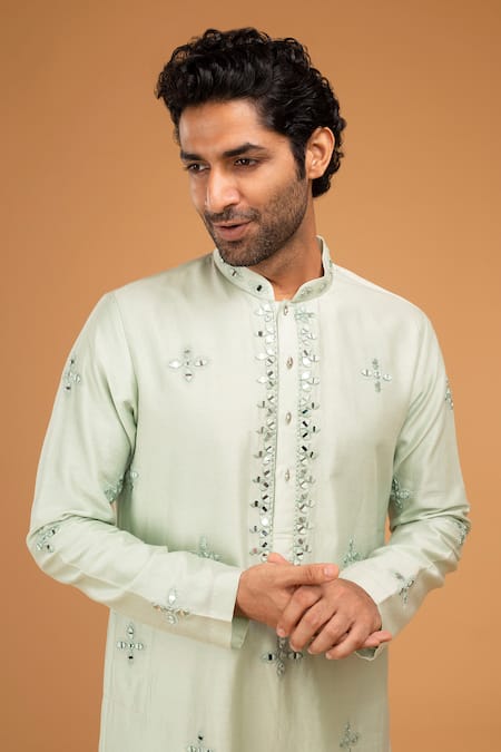 Buy_Chatenya Mittal_Green Cotton, Silk Mirrors Embroidered Kurta Set _Online_at_Aza_Fashions
