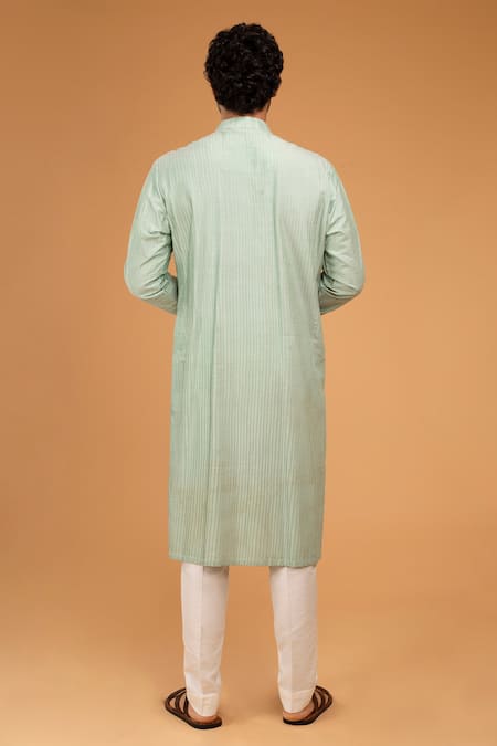 Shop_Chatenya Mittal_Green Cotton, Silk Embroidery Pintuck Kurta Set _at_Aza_Fashions