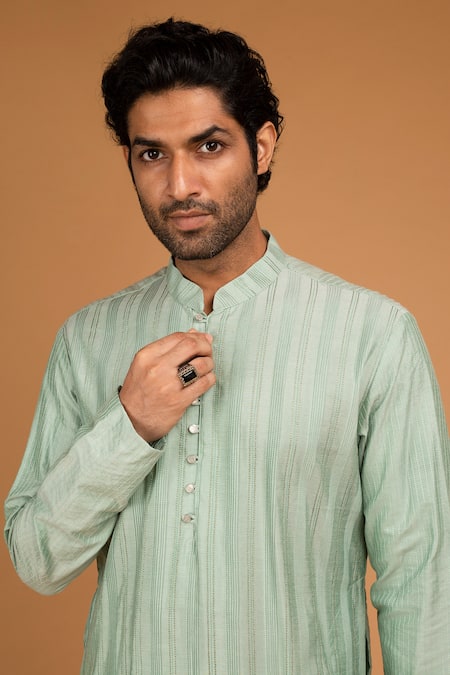 Buy_Chatenya Mittal_Green Cotton, Silk Embroidery Pintuck Kurta Set _Online_at_Aza_Fashions