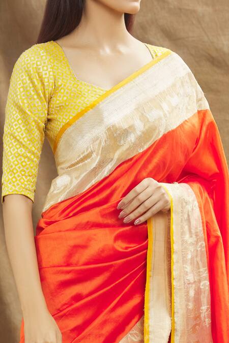 Shop Resa By Ushnakmals Orange Silk Placement Woven Pattern Reindeer Tangerine Saree With Online at Aza Fashions Shop_Resa By Ushnakmals_Orange Silk Placement Woven Pattern Reindeer Tangerine Saree With_Online_at_Aza_Fashions