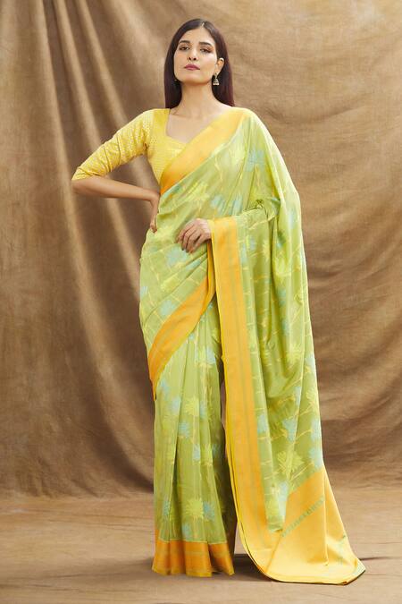 Buy_Resa By Ushnakmals_Green Mushroo Silk Woven Floral Saree_Online_at_Aza_Fashions
