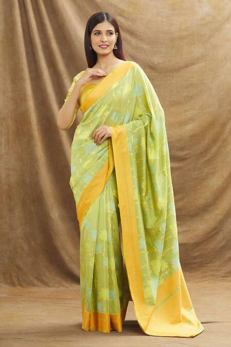 Resa By Ushnakmals_Green Mushroo Silk Woven Floral Saree_Online_at_Aza_Fashions