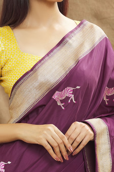 Shop Resa By Ushnakmals Wine Katan Silk Woven Zebra Motif Saree Online at Aza Fashions Shop_Resa By Ushnakmals_Wine Katan Silk Woven Zebra Motif Saree_Online_at_Aza_Fashions