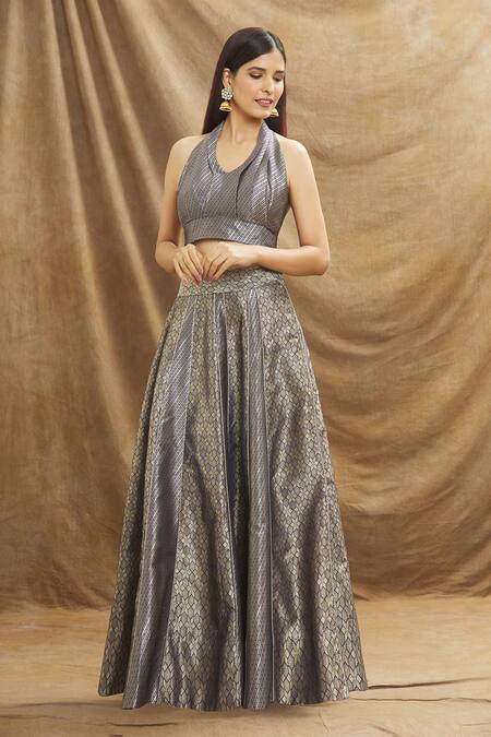 Buy_Resa By Ushnakmals_Blue Woven Geometric Halter Neck Pattern Top With Skirt_Online_at_Aza_Fashions