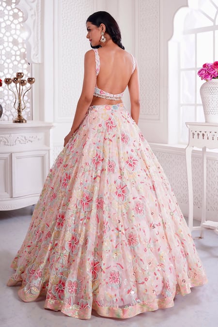 Label Priyanka Kar Floral Hand Embroidered Bridal Lehenga Set 