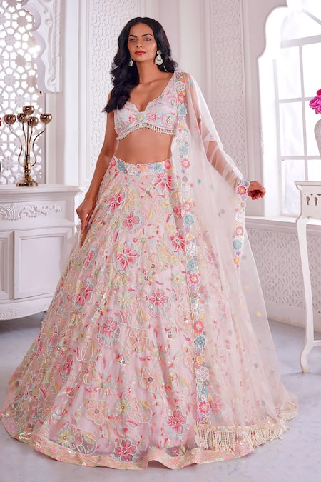Label Priyanka Kar_Pink Net Sequins, Pearls V-neck Floral Hand Embroidered Bridal Lehenga Set _Online_at_Aza_Fashions