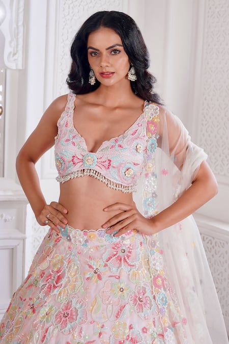 Buy_Label Priyanka Kar_Pink Net Sequins, Pearls V-neck Floral Hand Embroidered Bridal Lehenga Set _Online_at_Aza_Fashions
