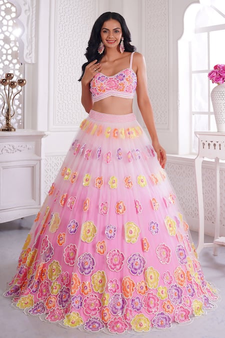 Buy_Label Priyanka Kar_Pink Net Embroidery, Pearls, Sequins Round Neck Hand Lehenga Set _Online_at_Aza_Fashions