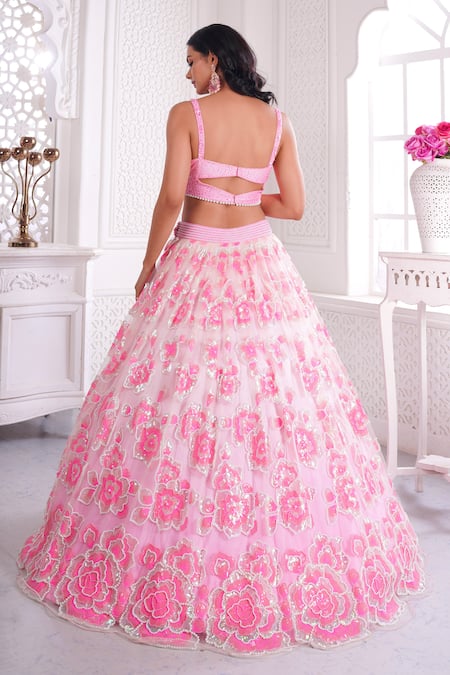 Shop Label Priyanka Kar Pink Net Sequins, Pearls, Embroidery Round Neck Blouse Bridal Lehenga Set at Aza Fashions Shop_Label Priyanka Kar_Pink Net Sequins, Pearls, Embroidery Round Neck Blouse Bridal Lehenga Set _at_Aza_Fashions
