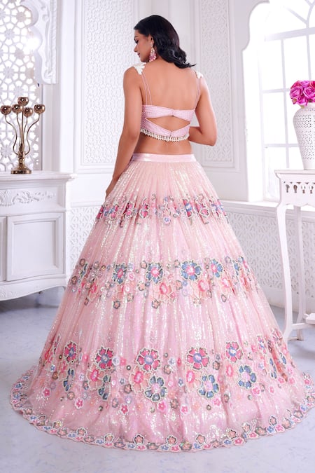 Shop Label Priyanka Kar Pink Net Sequins, Pearls, Embroidery Round Neck Blouse Bridal Lehenga Set at Aza Fashions Shop_Label Priyanka Kar_Pink Net Sequins, Pearls, Embroidery Round Neck Blouse Bridal Lehenga Set _at_Aza_Fashions