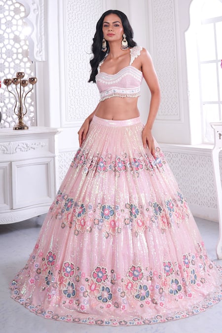 Buy Label Priyanka Kar Pink Net Sequins, Pearls, Embroidery Round Neck Blouse Bridal Lehenga Set Online at Aza Fashions Buy_Label Priyanka Kar_Pink Net Sequins, Pearls, Embroidery Round Neck Blouse Bridal Lehenga Set _Online_at_Aza_Fashions