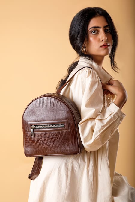 X Feet Above Thread Embroidered Brown Leather Backpack 