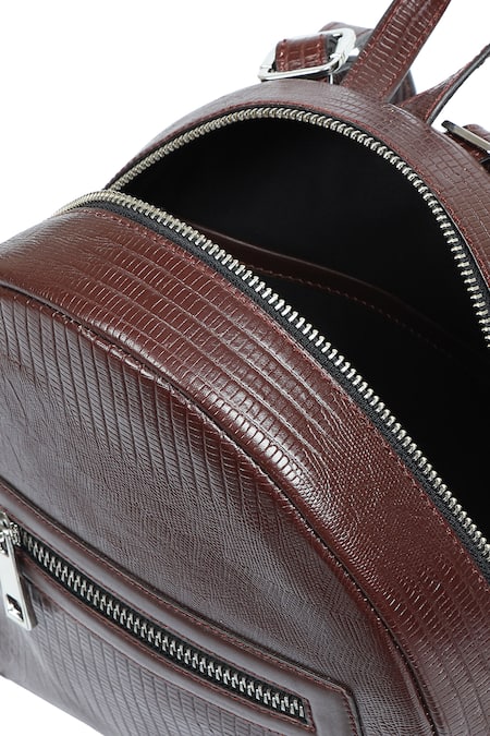 Buy_X Feet Above_Brown Thread And Bead Embroidered Leather Backpack _Online_at_Aza_Fashions