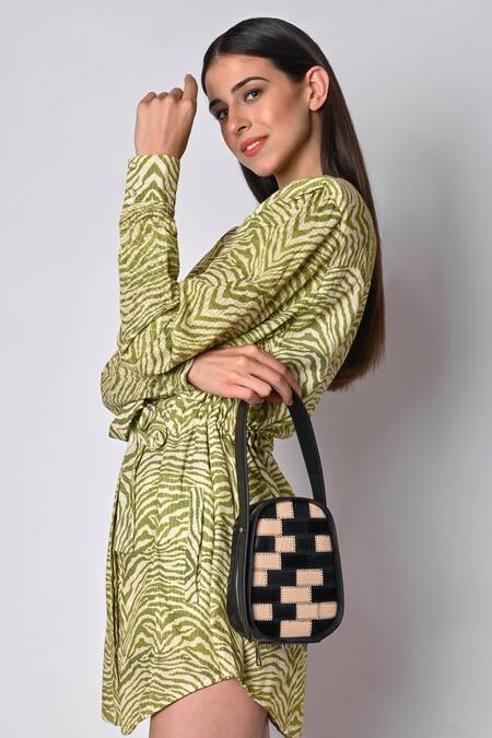 Shop_X Feet Above_Black Checkered Pattern Berlin Leather Egg Shaped Bag _Online_at_Aza_Fashions