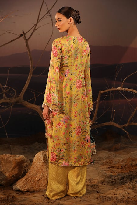 Shop_Aditi Gupta_Yellow Satin Printed Blossom Cutwork Kurta And Palazzo Set _at_Aza_Fashions