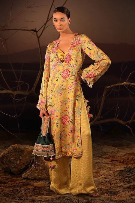 Buy_Aditi Gupta_Yellow Satin Printed Blossom Cutwork Kurta And Palazzo Set _Online_at_Aza_Fashions