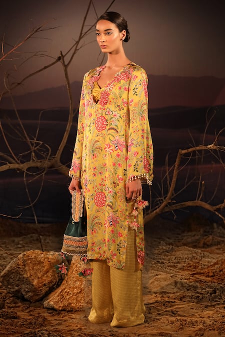 Shop_Aditi Gupta_Yellow Satin Printed Blossom Cutwork Kurta And Palazzo Set _Online_at_Aza_Fashions